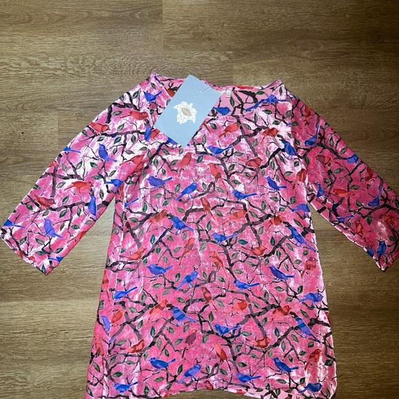 Soft Surroundings Tops - Soft Surroundings Birdie Tunic Strawberry Pink Burnout Velvet Bird Print Top S